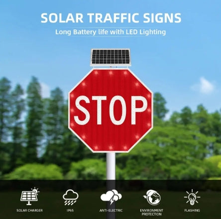Heavy Duty Roadway Warning Sign With Flashing LED Light 30'' Octagon Rust-proof Metal Frame