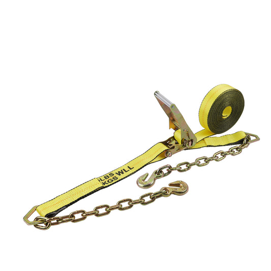 Yellow 12000-lbs 2 inch Retractable Cargo Ratchet strap with Chain Anchor