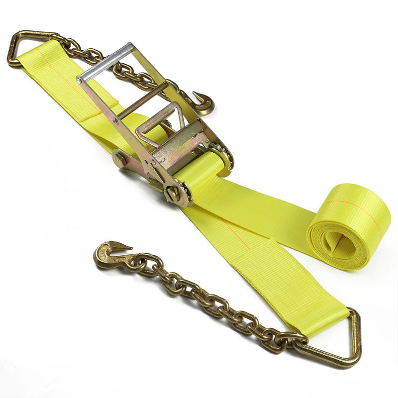 Heavy Duty 4 Inch Ratchet Straps Yellow Transport Belt Ratchet Straps With Chain Anchor