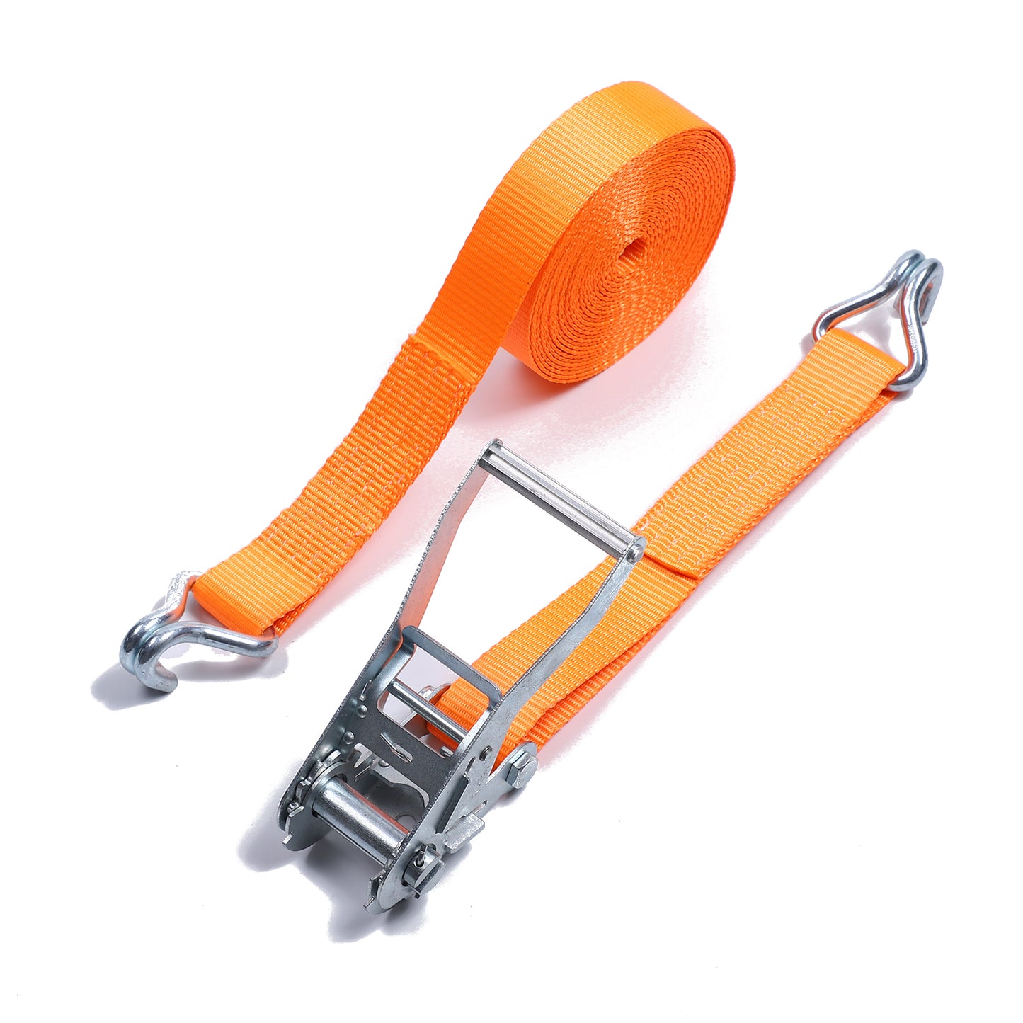 2 Inch Polyester Orange Aluminum Long Hand Ratchet Strap with Double J Hooks