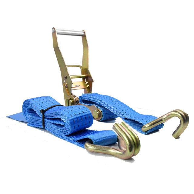 Polyester Blue Ratchet Tie Strap With Double J Hooks In 2 Inch 33Ft 11000-Lbs