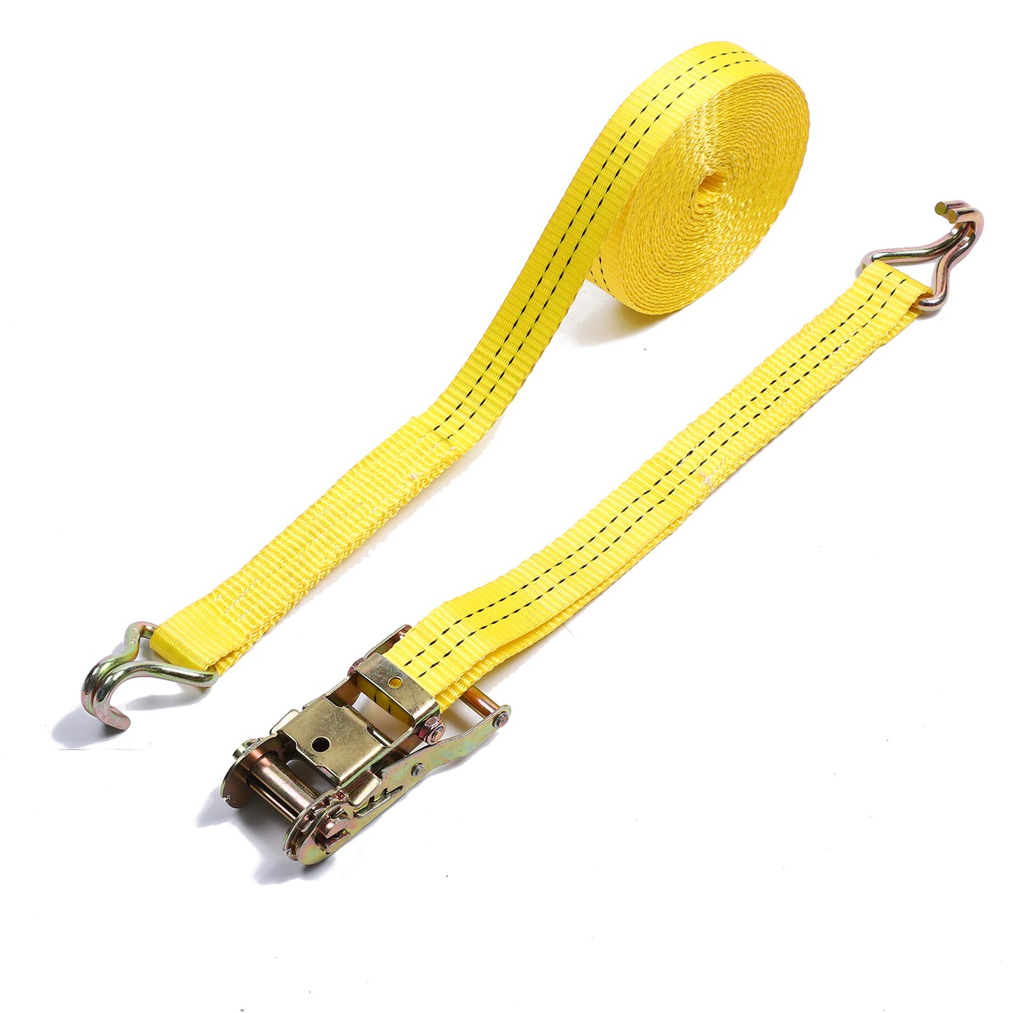 Polyester Yellow 1.5-inch Cargo Steel Hand Ratchet Straps with Double J Hook