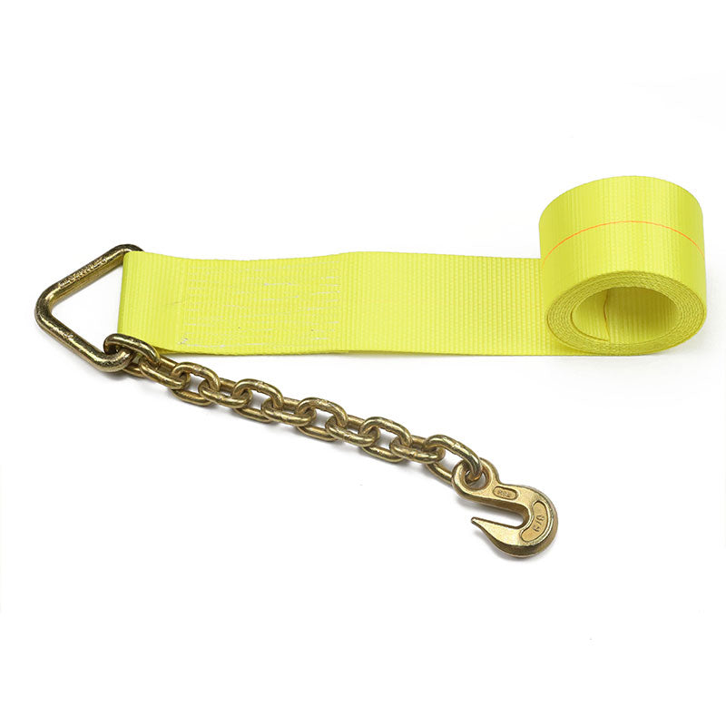 Heavy Duty 4 Inch Ratchet Straps Yellow Transport Belt Ratchet Straps With Chain Anchor